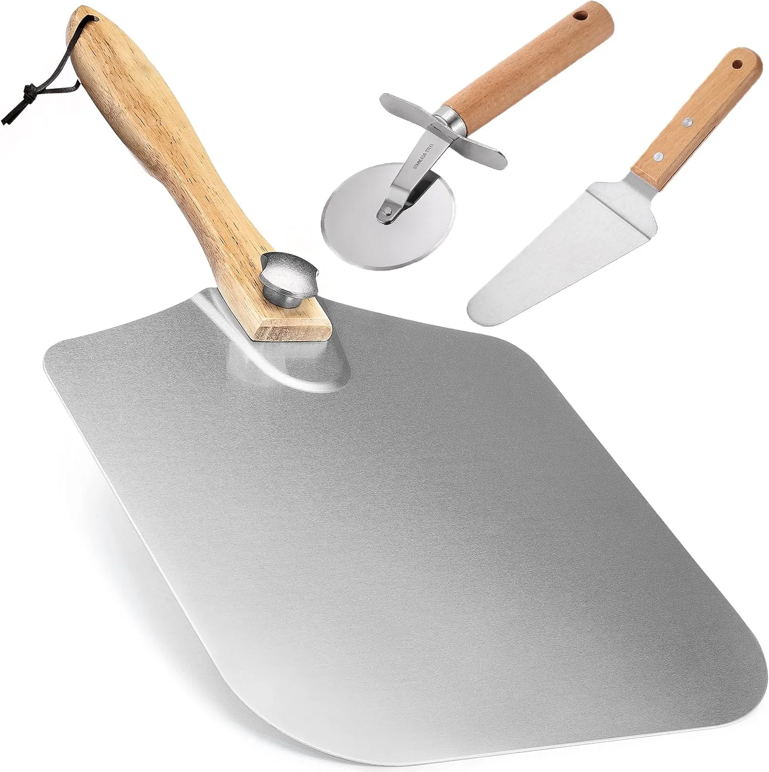 Stainless Steel Pizza Peel, 12 x 14 inch Square Metal Pizza Peel with Pizza Cutter Wheel and Pizza Shovel, 3 Pack Pizza Kit Easy to Clean for Baking Pizzas, Cakes, Biscuits, Bread, Pancakes at Home.