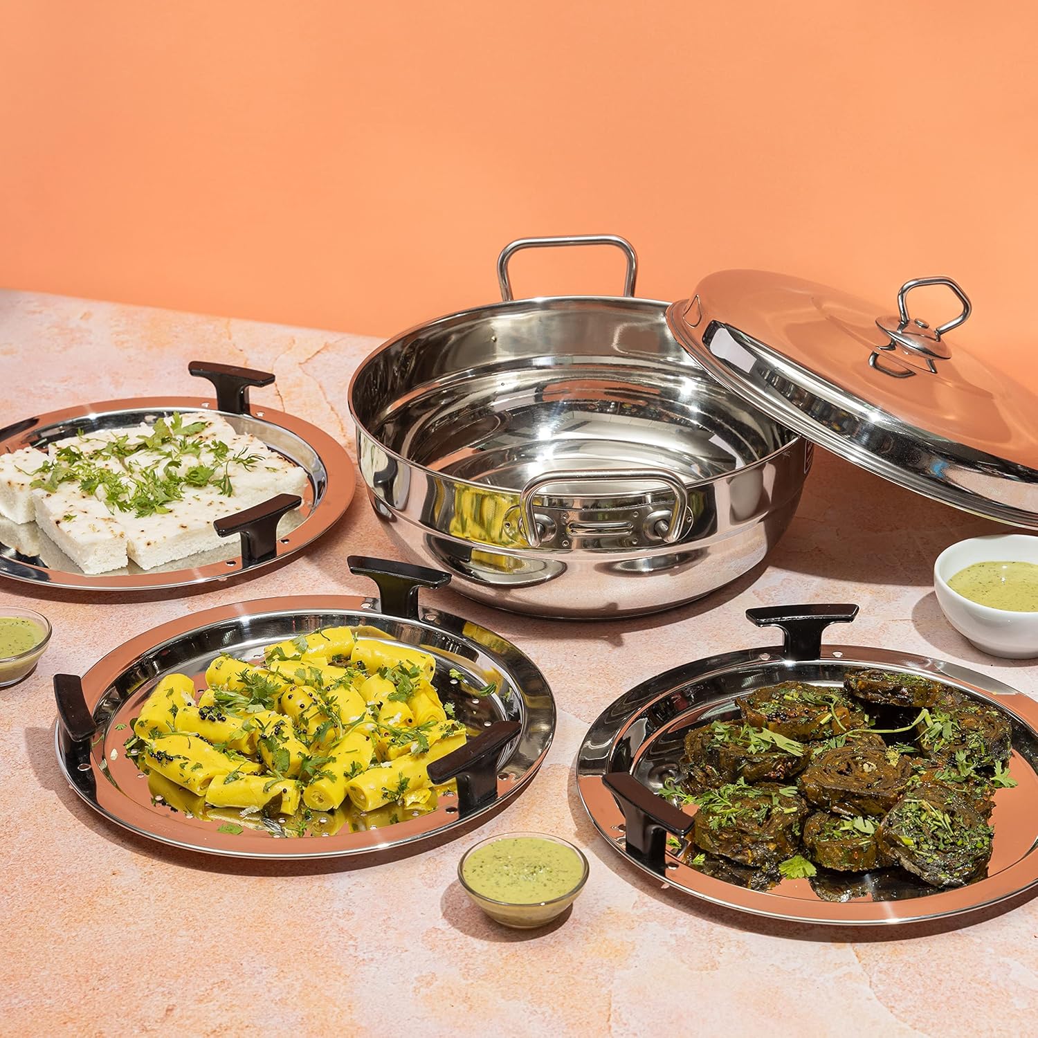 vinod stainless steel multi kadai with 5 plates 26cm | 2 idli, 2 dhokla/momos and 1 patra plates|nduction & gas stove friendly, sturdy handle,sas bottom