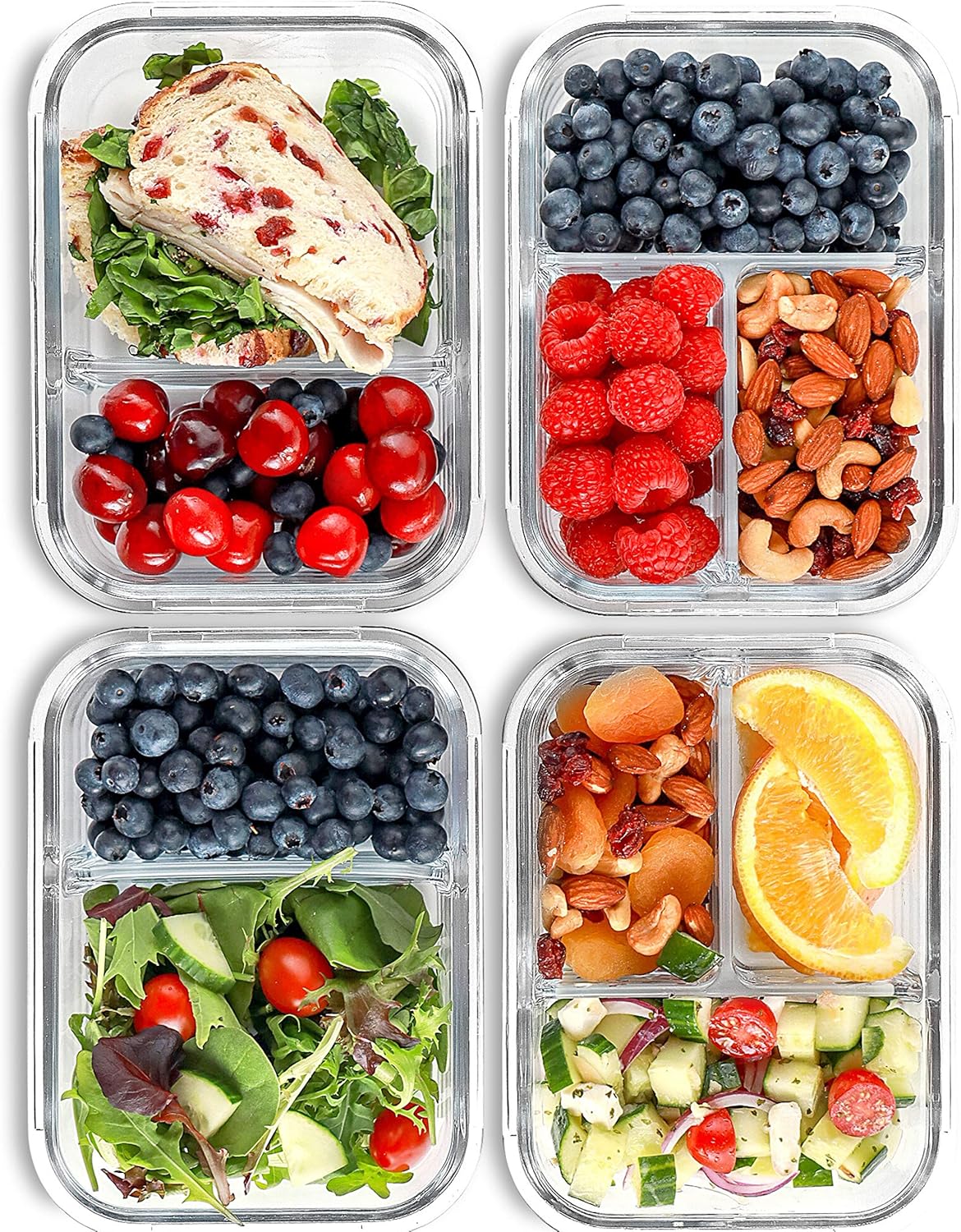 fit strong & healthy glass meal prep containers 2 and 3 compartments (4 pack, 32 oz) glass food storage containers with lids, glass bento box, portion control, airtight, oven safe