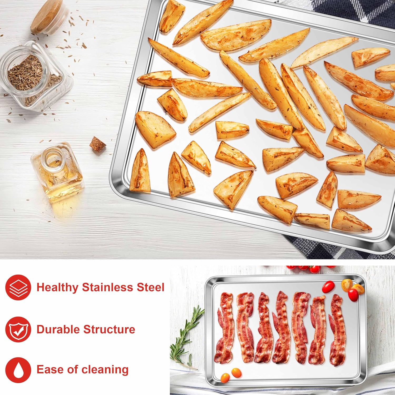 e far baking sheet set of 2, large 40.5 x 30.5 x 2.5 cm baking pan tray, stainless steel cookie sheet for oven roasting grilling cooking, non toxic & mirror finish, dishwasher safe