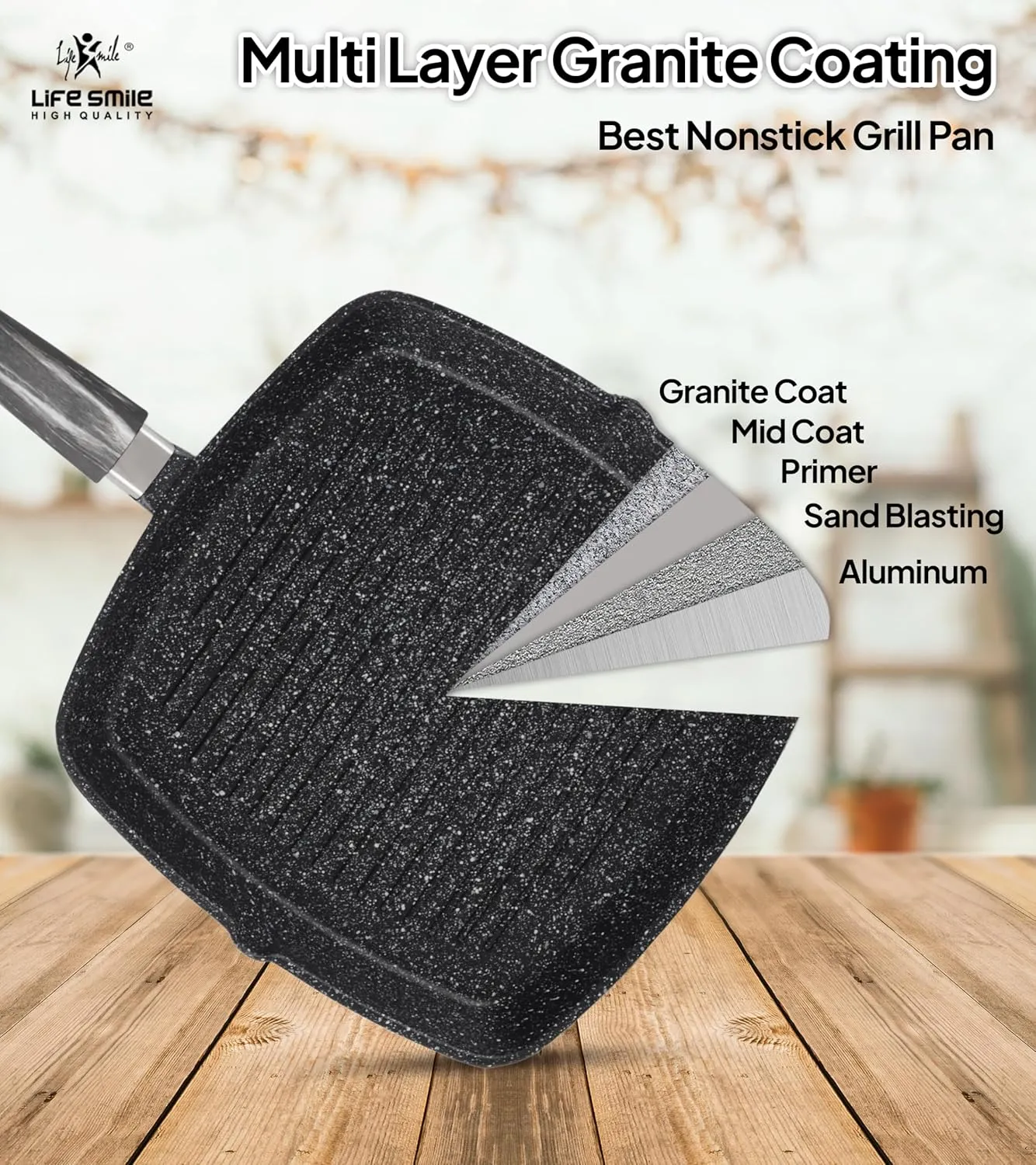 LIFE SMILE grill pan Non-stick Granite Coating with lid | Oven Safe | versatile grilling pan with drop opening, Skillet large surface,100% PFOA free (Black Bakelite Knob, 24 CM Fixed Handle)