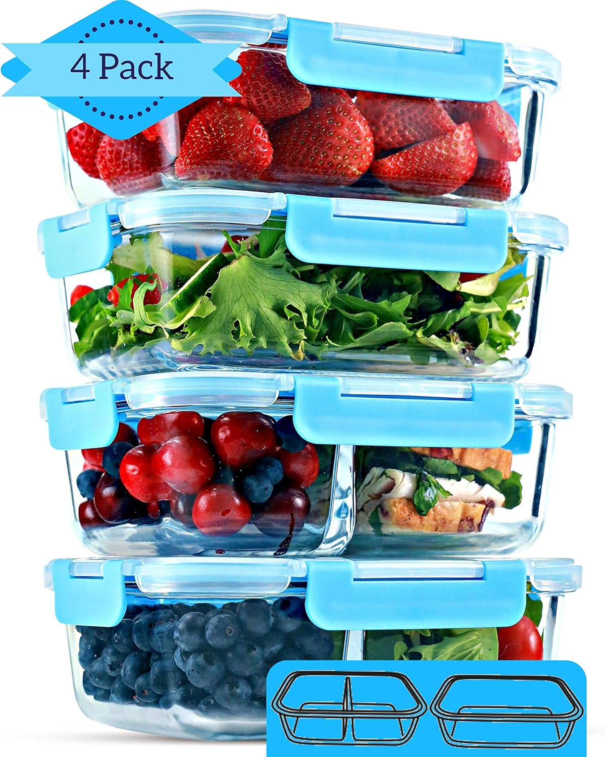fit strong & healthy glass meal prep containers 2 and 3 compartments (4 pack, 32 oz) glass food storage containers with lids, glass bento box, portion control, airtight, oven safe