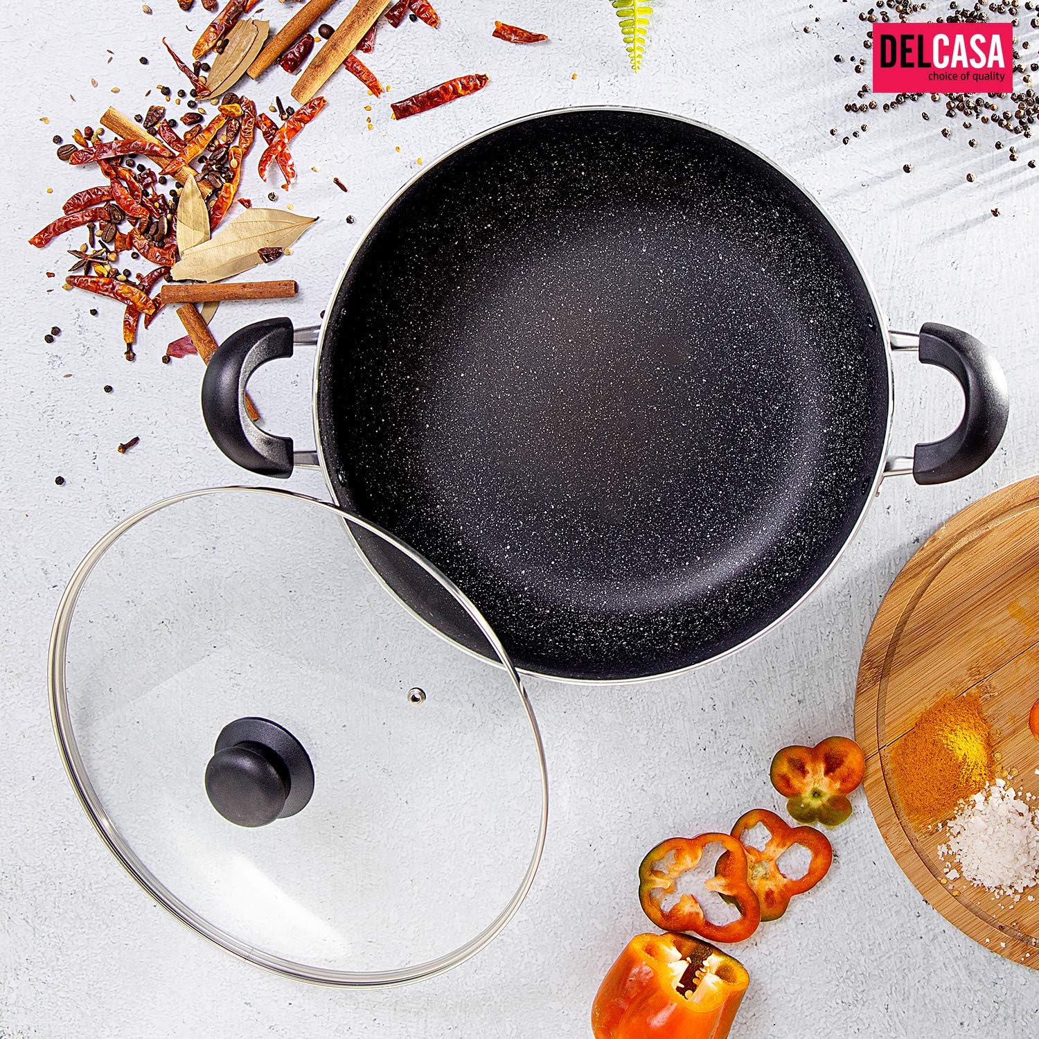 delcasa dc1572 24cm non stick casserole stock pot with glass lid aluminium cookware pan induction safe saucepan with durable non stick granite coating stock pot with glass lid, multi colour