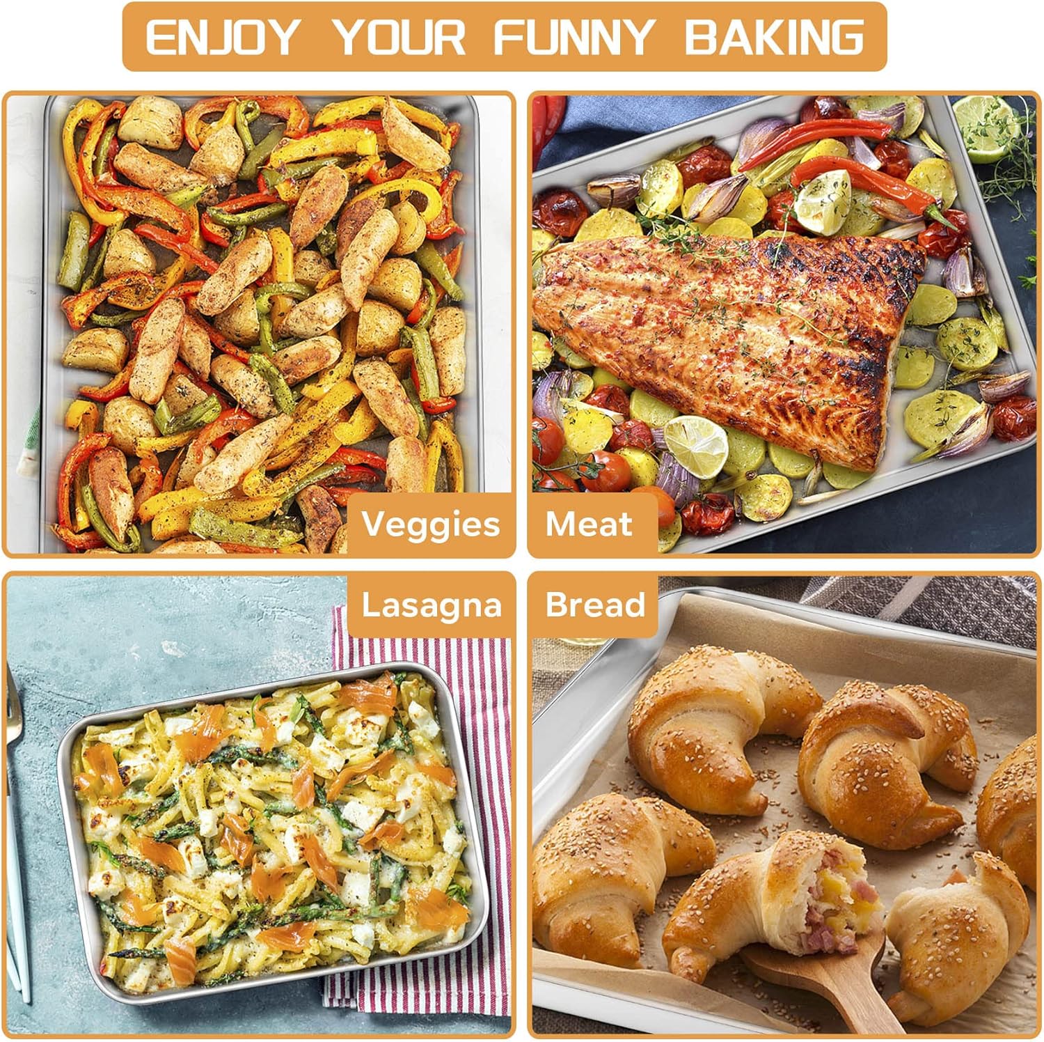 onader baking tray set of 4, stainless steel oven trays rectangle cookie sheet pan, perfect for baking cooking serving, non toxic & healthy, heavy duty & sturdy, mirror finished & dishwasher safe