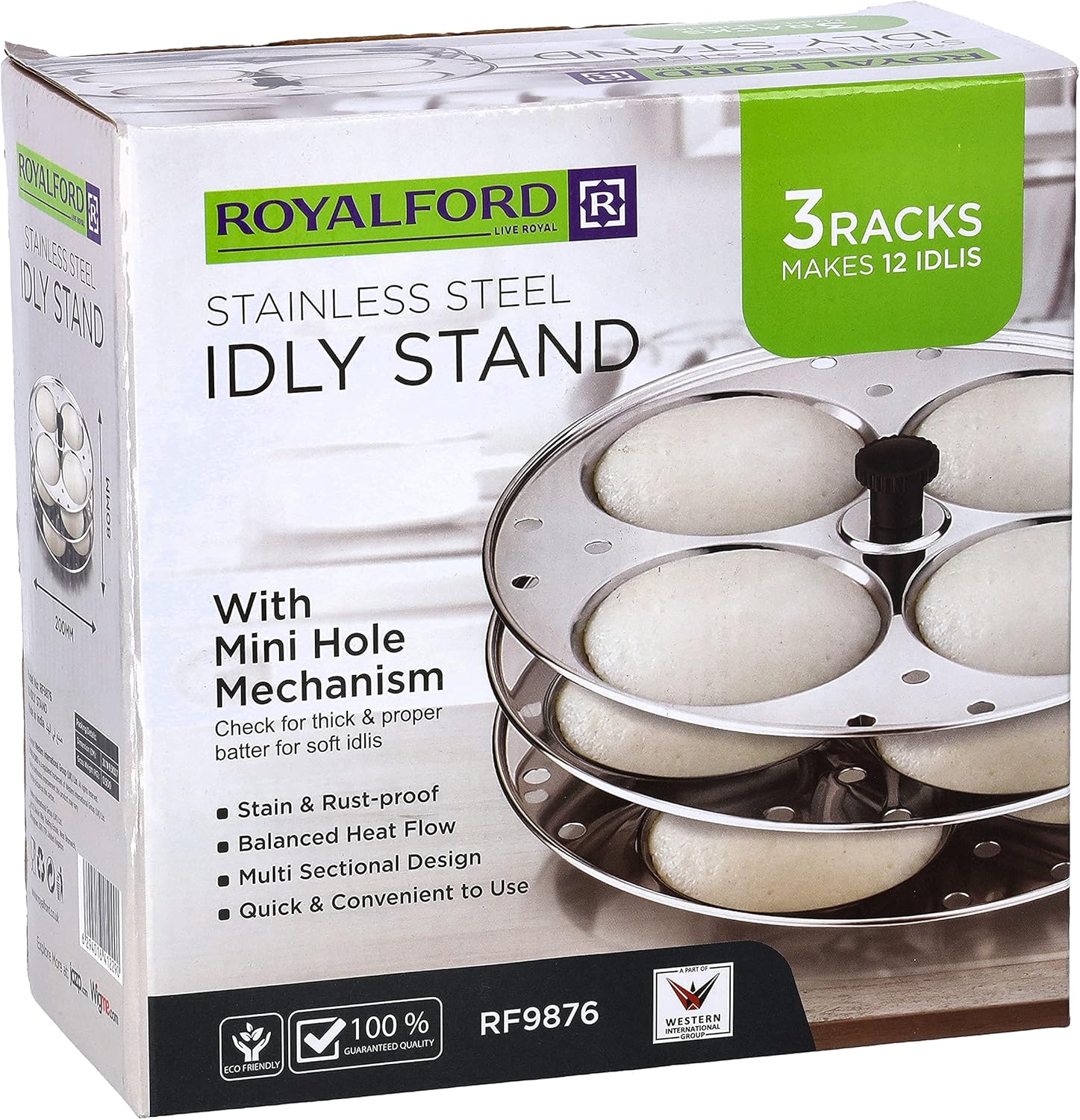 royalford stainless idly stand 3 tier with idli steamer, trey, steel food grade material medium for pressure cooker perfect idli, samosa idli, silver 12 pcs capacity rf9876