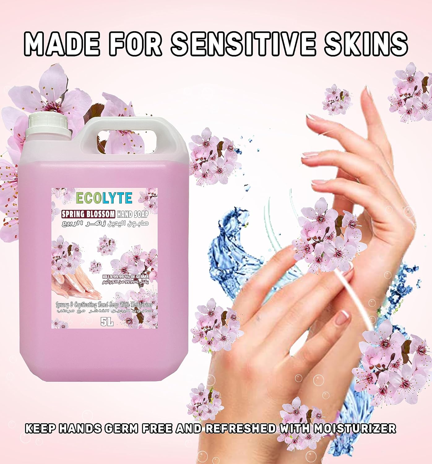 ecolyte+ skincare handwash liquid soap infused with moisturizer + vitamin e + perfume, family & personal hygiene, powerful protection against diseases, kills 99.9% of germs (spring blossom 5 liters)
