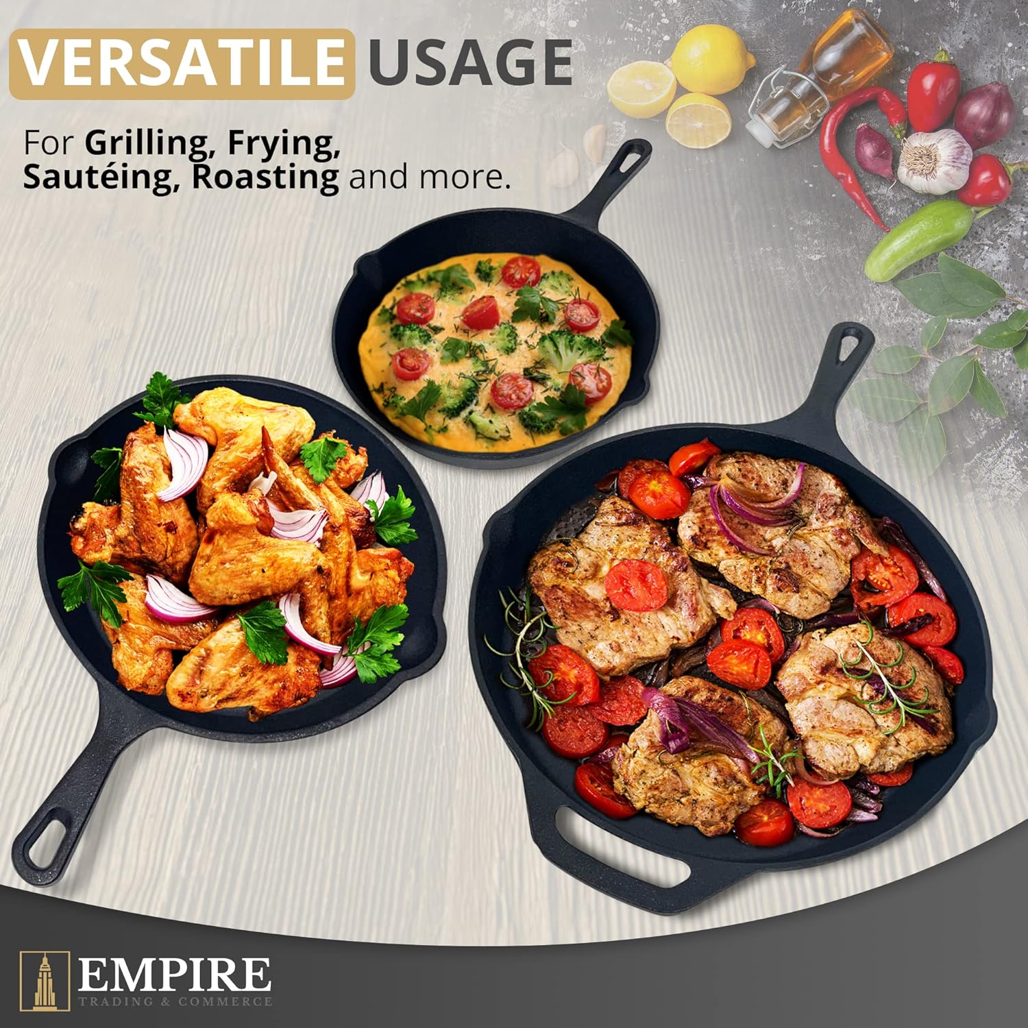 empire cast iron skillet set of 3 pcs, best heavy duty cast iron pan, pre seasoned non stick frying pans 11.8”, 10.2” & 7.8” with silicone handles, oil brush & scrapper, black cast iron cookware