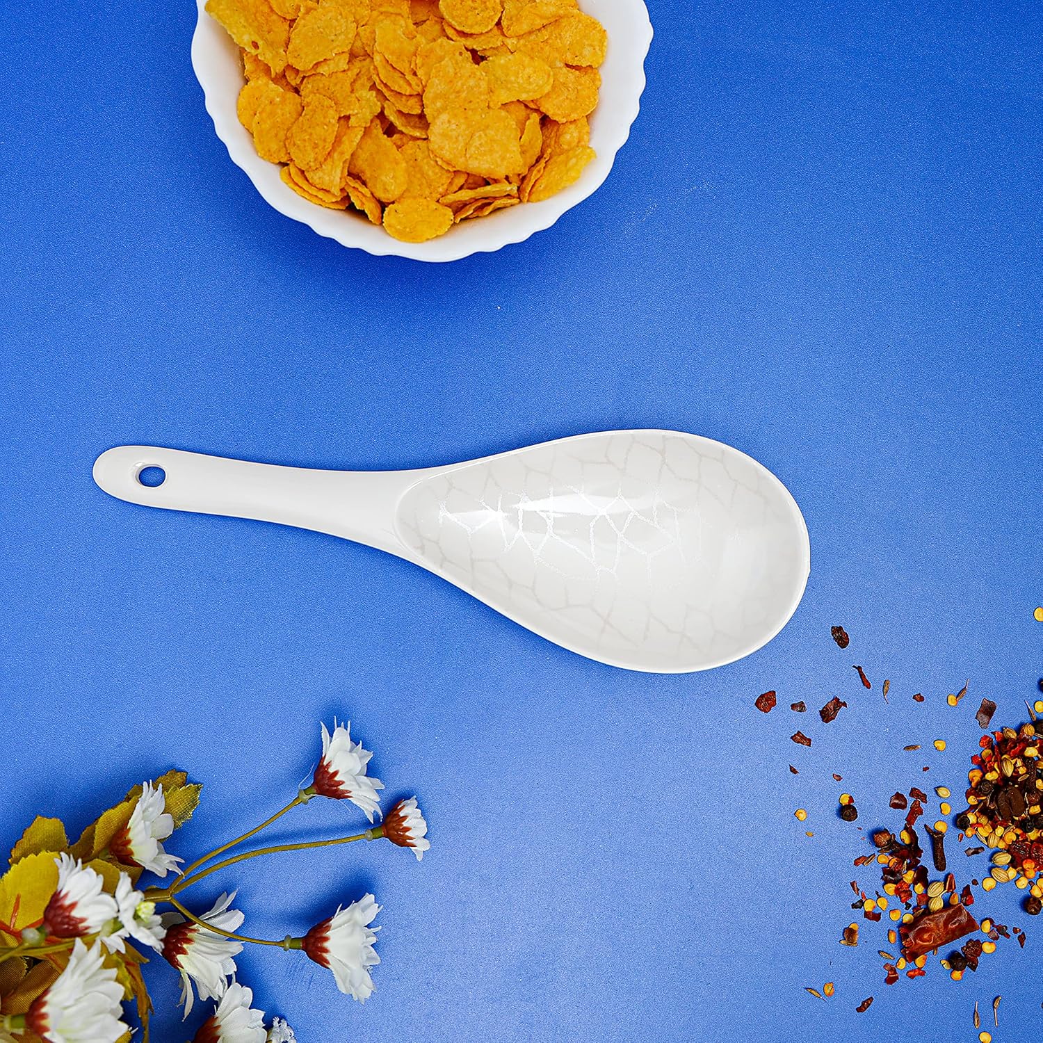 royalford melamine ware rice spoon cooking and serving spoon with grip handle and hanging loop | dishwasher safe | broad deep bowl | dinner cutlery utensil (white pearl)