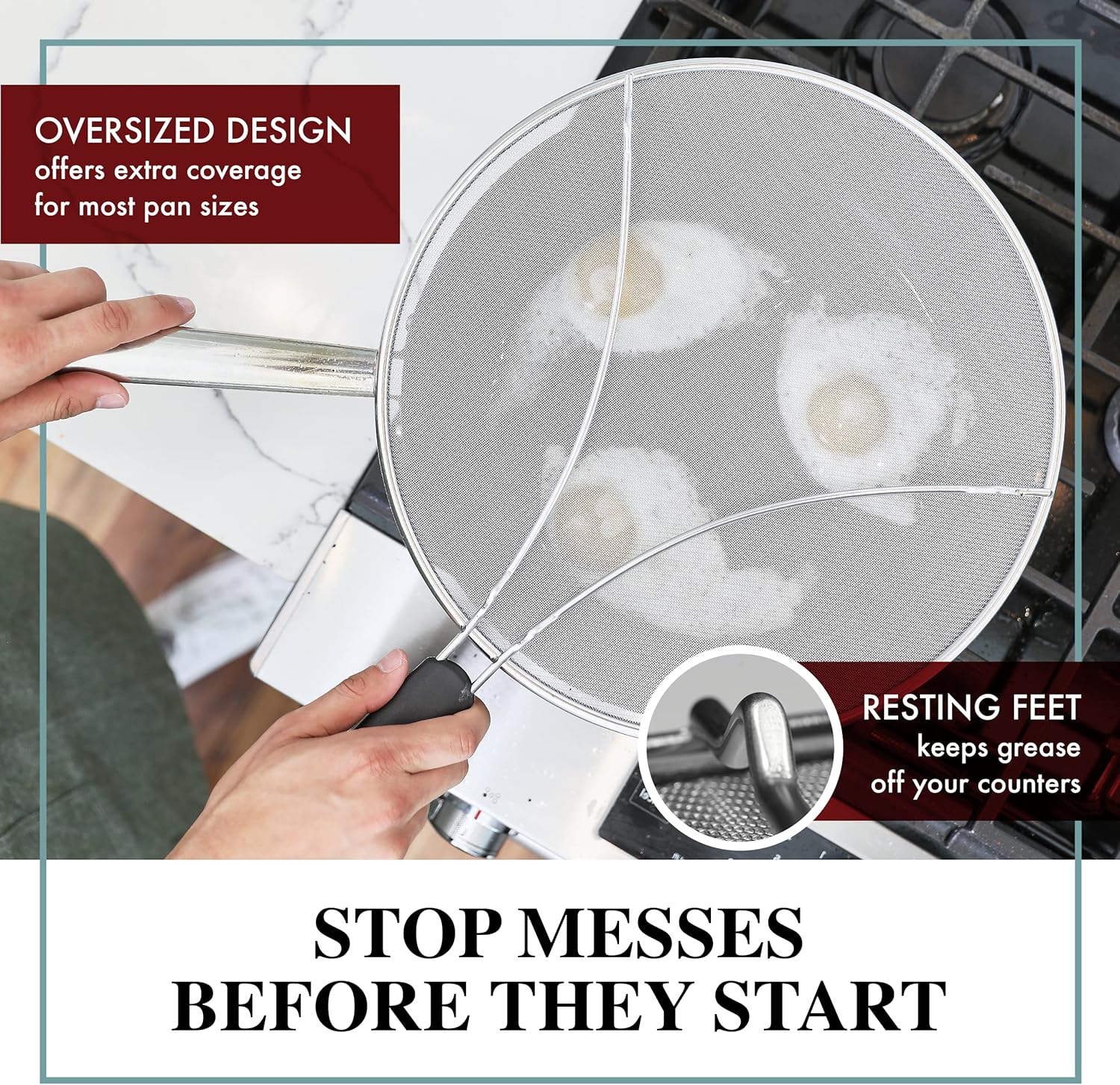 bergkoch grease splatter screen for frying pan 13" stops 99% of hot oil splash protects skin from burns splatter guard for cooking iron skillet lid keeps kitchen clean stainless steel