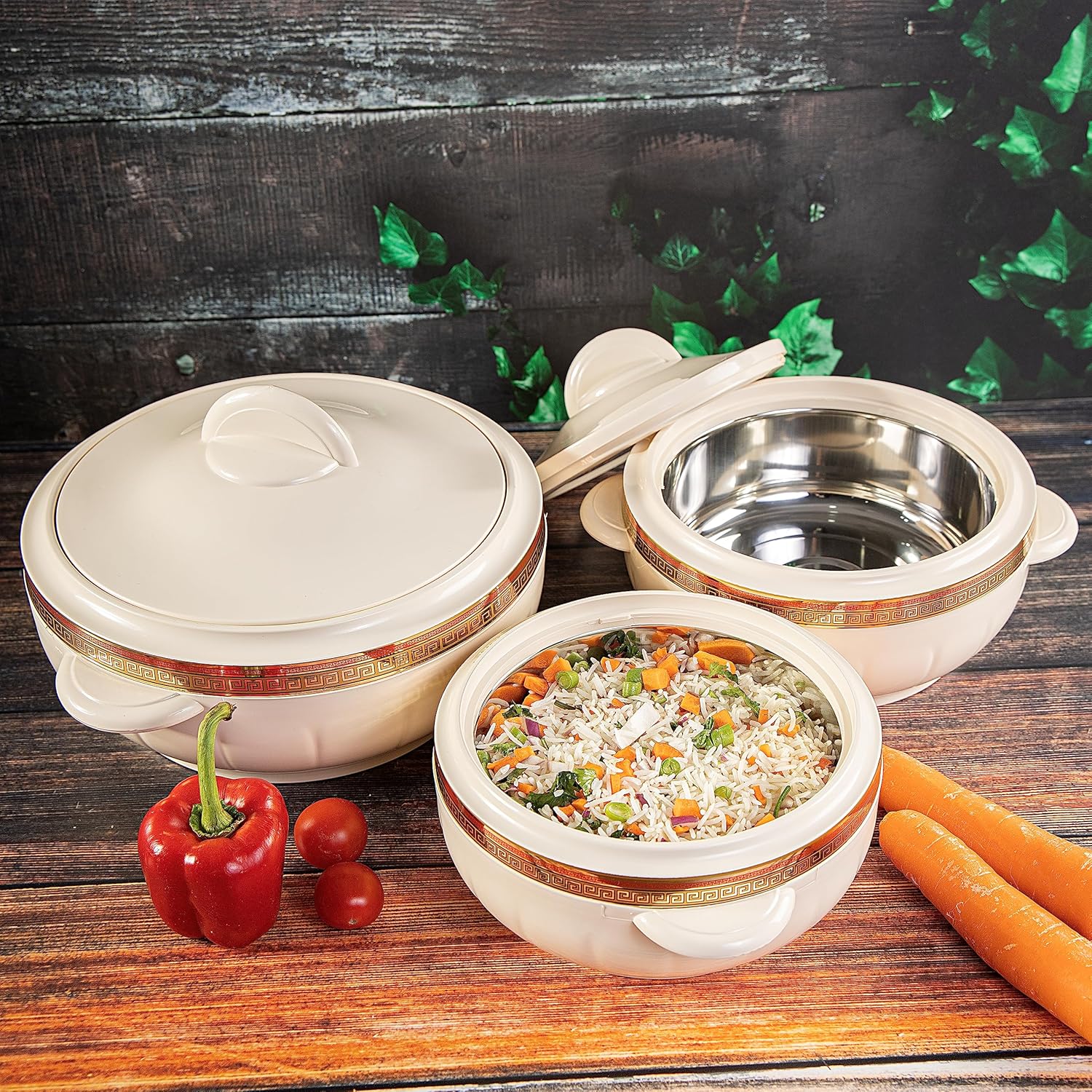 royalford casserole 3 pieces set, attractive insulated food containers that are dishwasher safe with comfortable handles