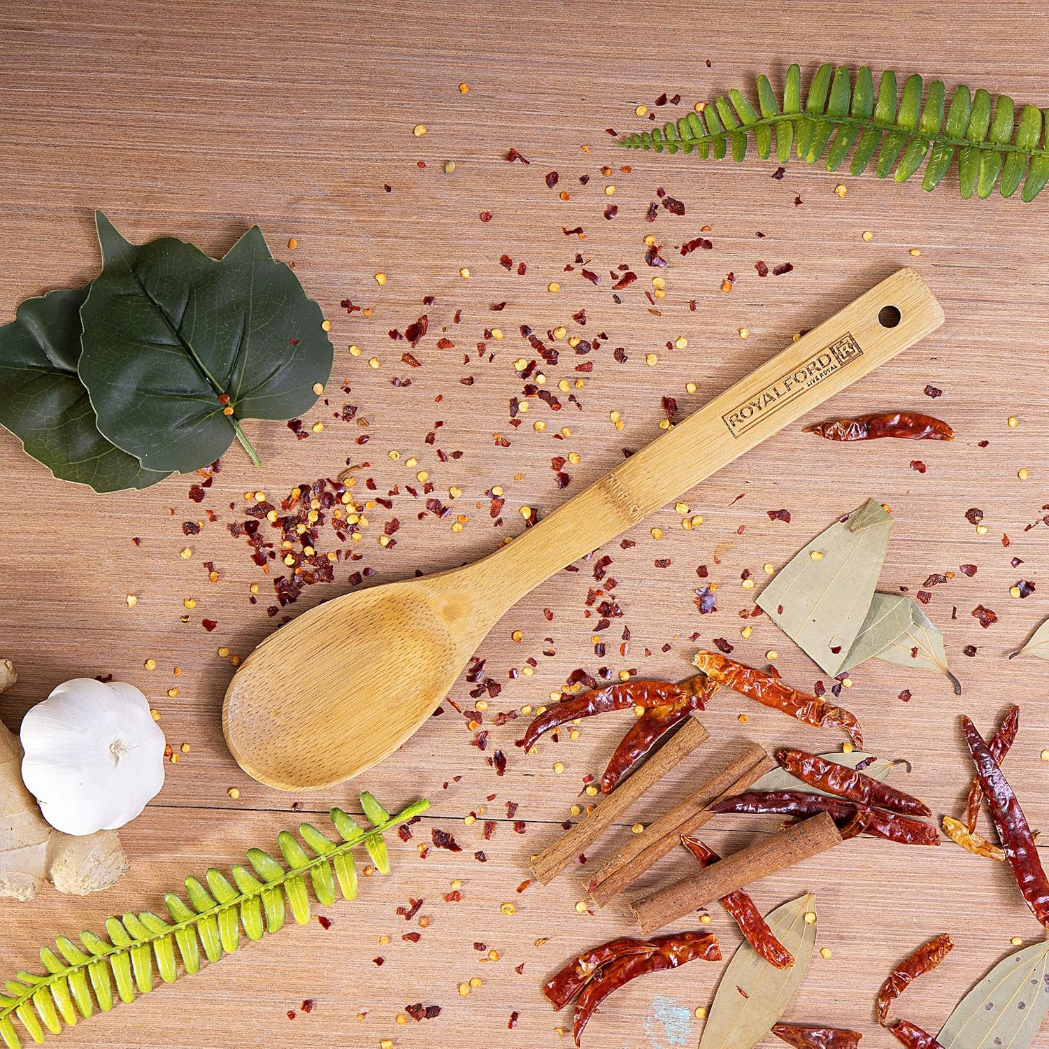 royalford bamboo serving spoon heat resistant soft grip spoon handle, bamboo, cooking and baking equipment | dishwasher safe & hanging loop