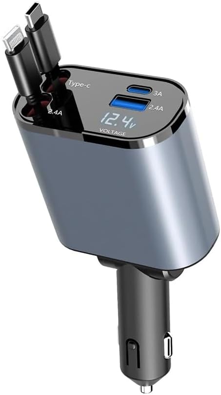 gwydre retractable car charger, 4 in 1 fast car phone charger 60w, retractable cables and usb car charger,compatible with iphone 15/14/13/12/11,galaxy (1lightning 1typec)