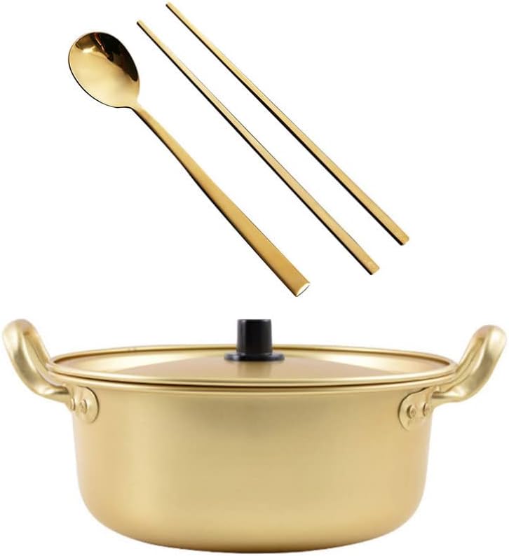 bestonzon korean ramen soup cooking pot: 1 set fast heating instant noodle with lid spoon and chopsticks aluminum stockpot shabu shabu hot pot kitchen cookware 16x14x6.5cm
