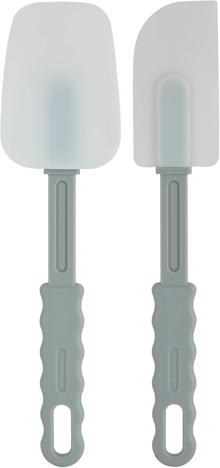 prestige silicone 2 pc spatula set|ergonomic grip|stain resistant|anti slip feature|heat resistant grey
