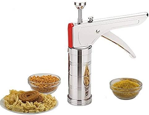 wazdorf stainless steel kitchen press with 15 different types of jalies, murukku maker/bhujiya maker/noodles/cookies/namkeen/chakali maker/sev maker/farsan maker/gathiya maker