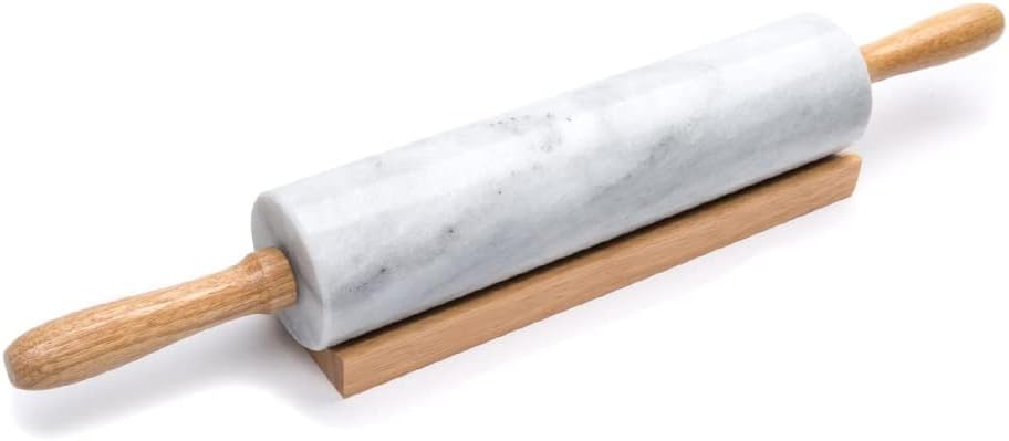lennd white marble rolling pin with wooden cradle, premium quality polished roller for pizza dough,fondant,pie crust,non stick surface easy to clean, 6 x 45 x 6cm