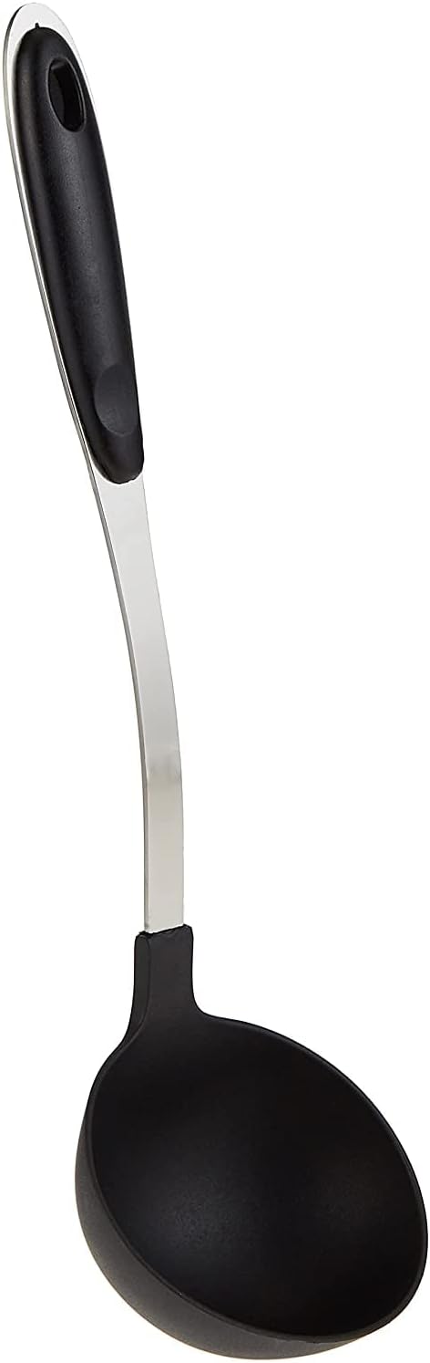 royalford nylon soup ladle with gripped stainless steel handle black color.