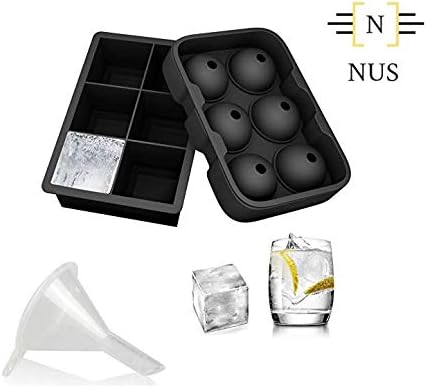 showay ice cube trays 2 set + funnel silicone molds sphere ice ball maker and large frozen square cubes bpa free and reusable with lid round ice cube mold