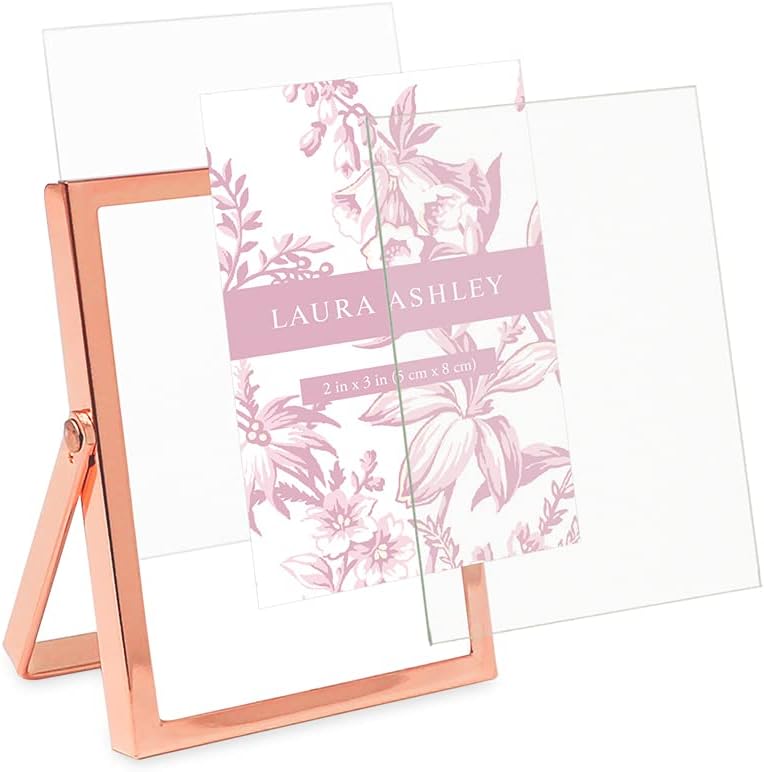 laura ashley 2x3 rose gold flat metal picture frame (vertical) with pull out easel stand, made for tabletop, counterspace, shelf and desk (2x3, rose gold)