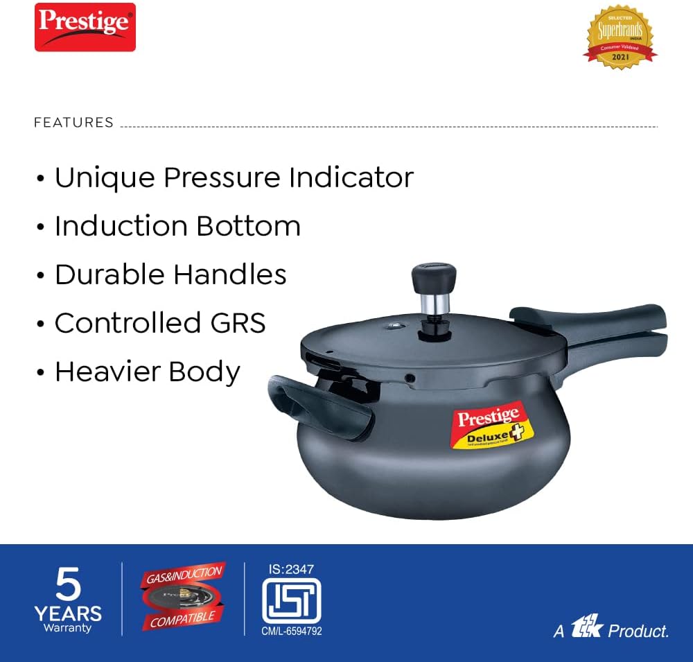 prestige deluxe plus hard anodised pressure cooker 5 ltr |aluminium pressure cooker with lid |curved design|user friendly handles black