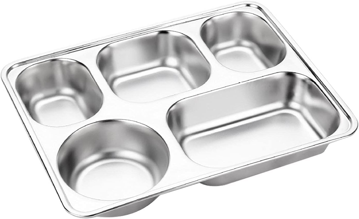 grace stainless steel 5 sections divided dinner plate, lunch box divided tray restaurant serving round plate,5 in 1 compartments mess tray for adults food controller for camping,every day use
