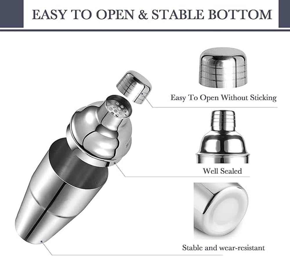 amerteer stainless steel cocktail shaker 24oz with built in strainer, professional martini shaker, margarita drink mixer, boston shaker, bartending kit, bar tools for home bar & parties