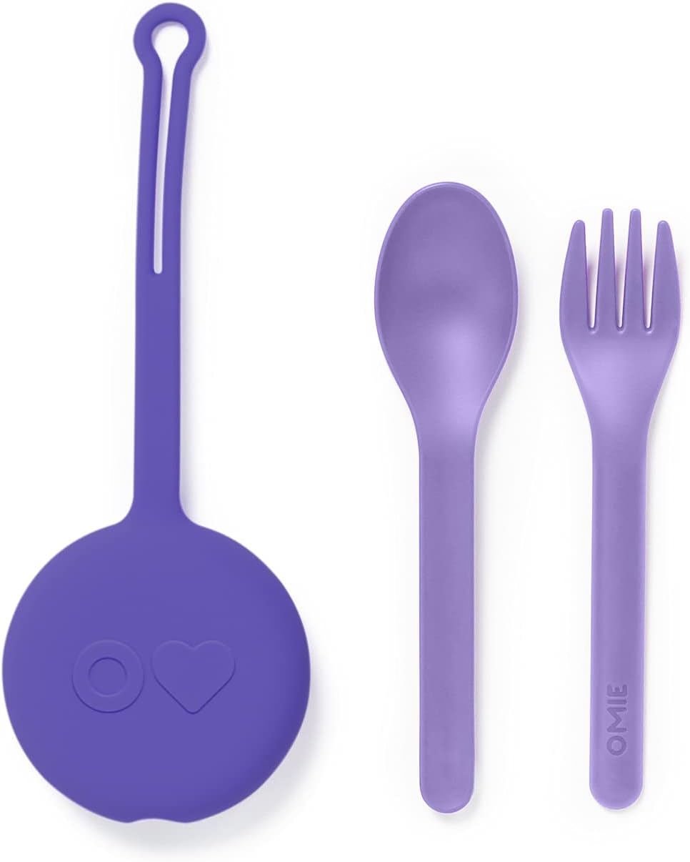 omiebox kids utensils set with case 2 piece plastic, reusable fork and spoon silverware with pod for kids (lilac)