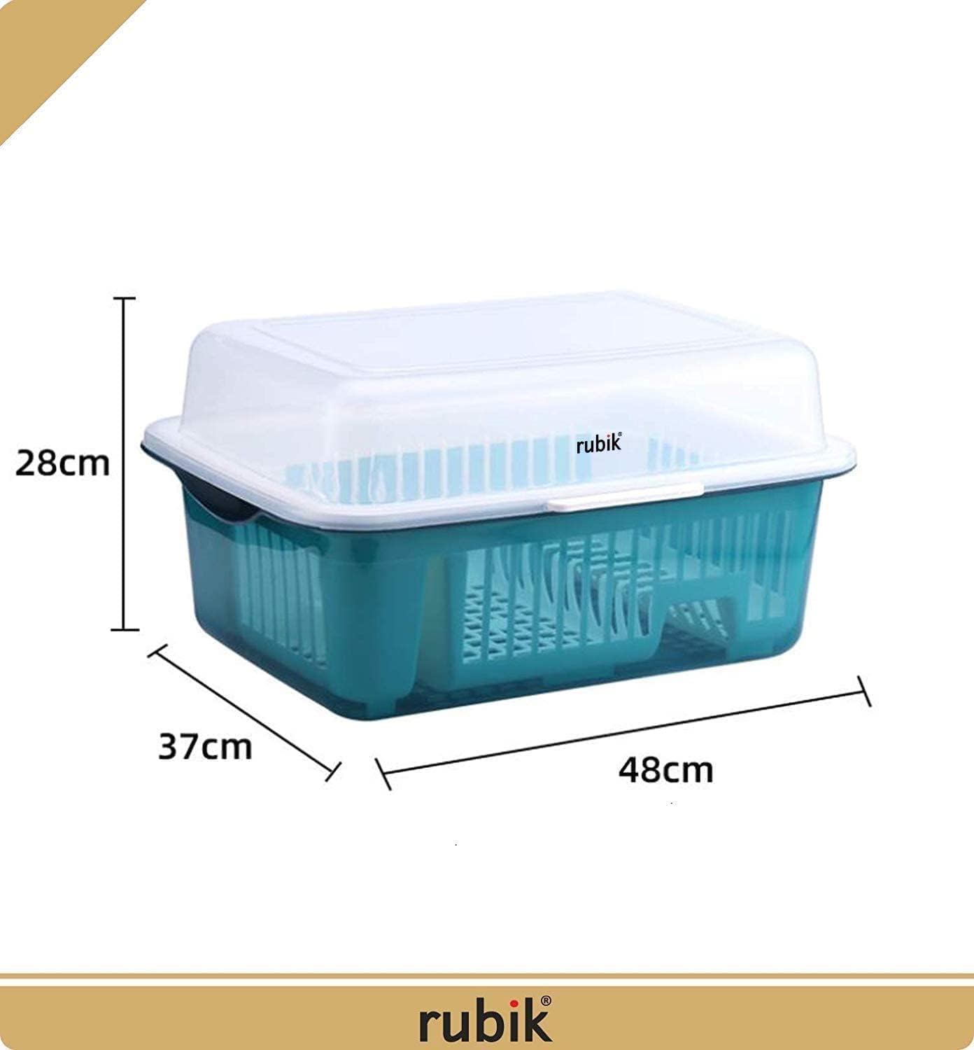 rubik covered dish drying storage rack kitchen tableware dish drainer with transparent lid cover (large, blue)