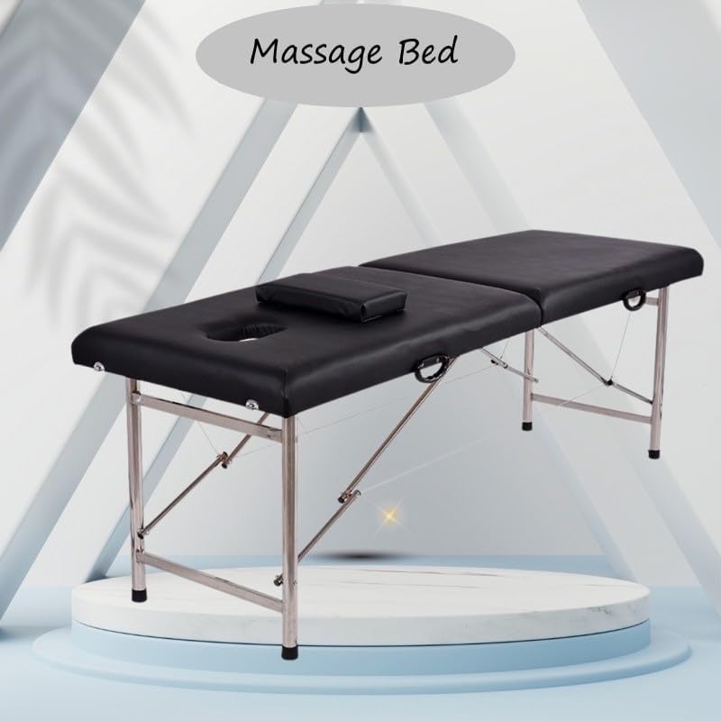 sky touch portable massage bed : foldable massage tables with pillow spa bed with stainless steel frame 2 fold black for spa salon tattoo massage therapeutic treatment black