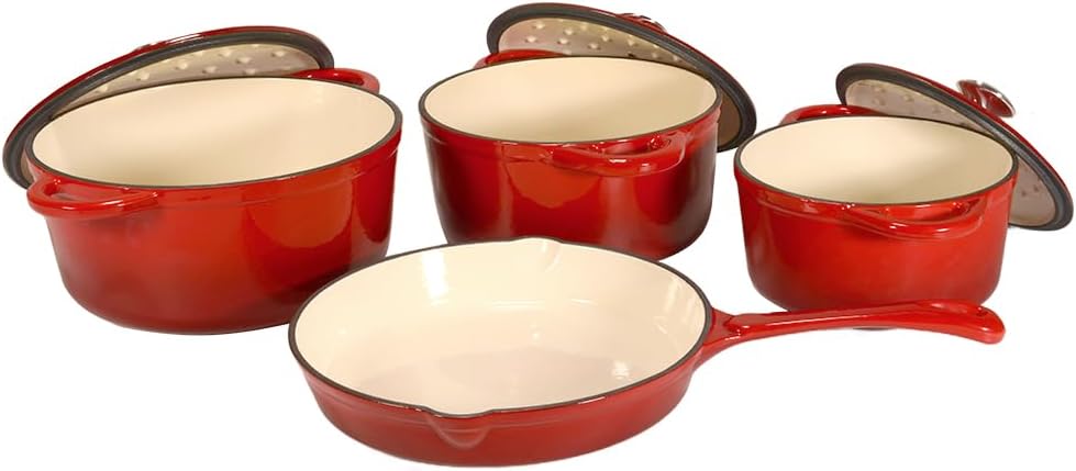 v a v healthy and safe, non stick enameled 7 pcs set of cast iron dutch oven cookwares. set includes: 24cm dutch oven fry pan, 18cm, 21cm, 24cm dutch oven cookwares with lids and gloves.