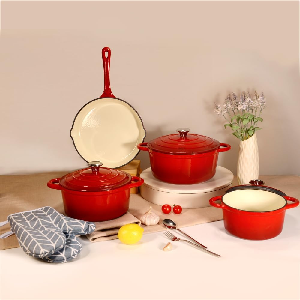 v a v healthy and safe, non stick enameled 7 pcs set of cast iron dutch oven cookwares. set includes: 24cm dutch oven fry pan, 18cm, 21cm, 24cm dutch oven cookwares with lids and gloves.