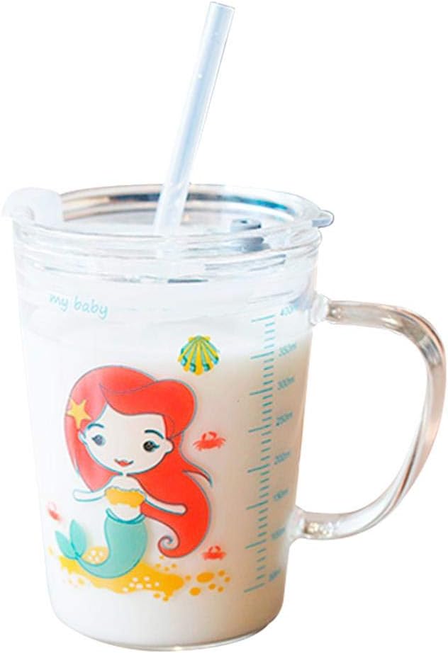 volwco heat resistant leak proof cute household drinking cup with lid and straw with scale for kids (transparent)