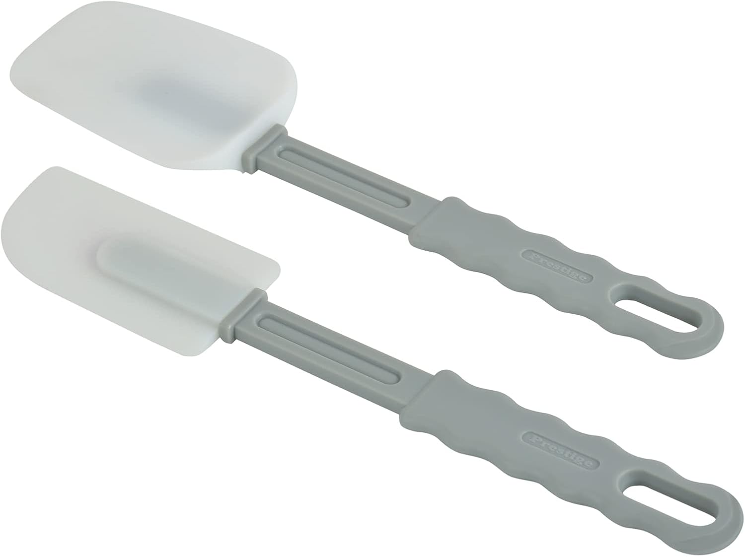 prestige silicone 2 pc spatula set|ergonomic grip|stain resistant|anti slip feature|heat resistant grey