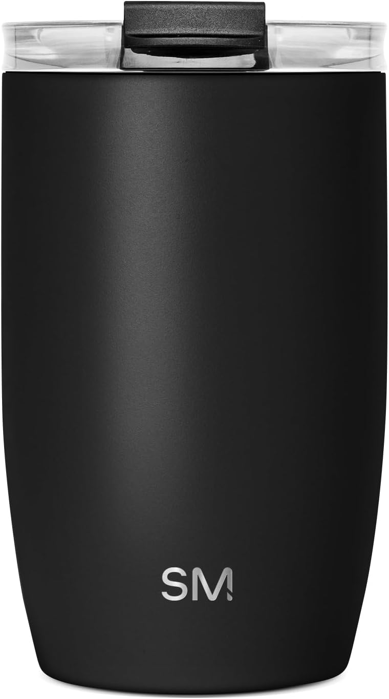 simple modern travel coffee mug tumbler with flip lid | reusable insulated stainless steel cold brew iced coffee cup thermos | gifts for women men him her | voyager collection | 12oz | midnight black