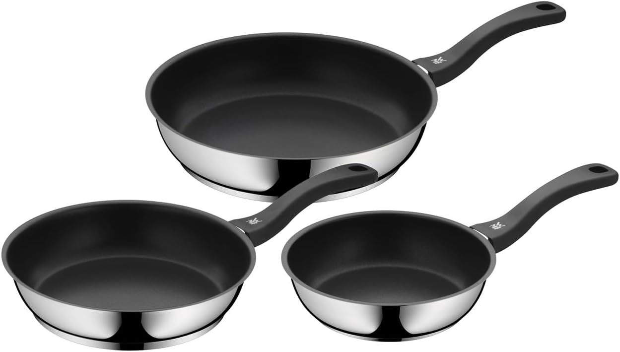 wmf devil 3 piece frying pan set 24, 20, 28 cm, induction, cromargan stainless steel coated, plastic handle