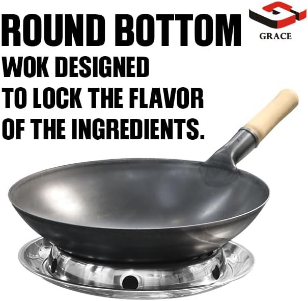 grace carbon steel chinese wok with wooden handle for home & restaurant carbon steel round bottom traditional black chinese wok with ergonomic wooden handle (36cm/14inch)