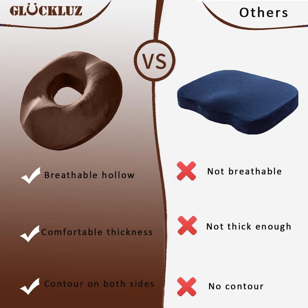 gluckluz coccyx donut pillow seat cushion pad memory foam firm yoga sitting pillow for women indoor home floor car office chair hemorrhoids prostate pressure sores post surgery (brown)