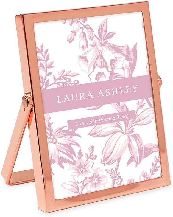 laura ashley 2x3 rose gold flat metal picture frame (vertical) with pull out easel stand, made for tabletop, counterspace, shelf and desk (2x3, rose gold)