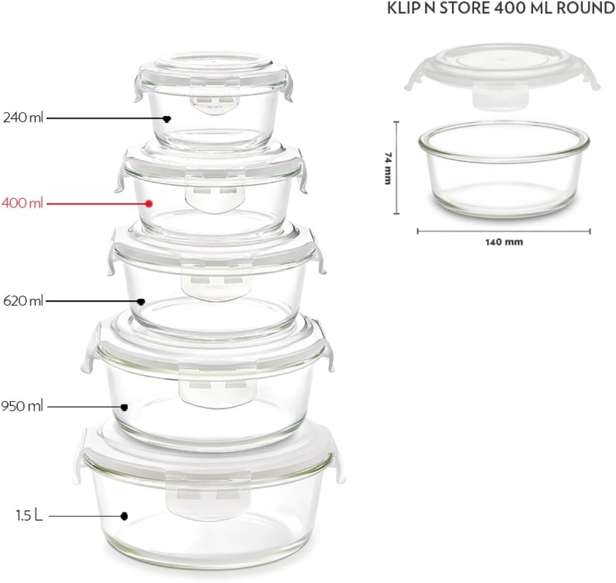 borosil klip n store round glass storage container with air tight lid food storage container microwave safe container 400 ml