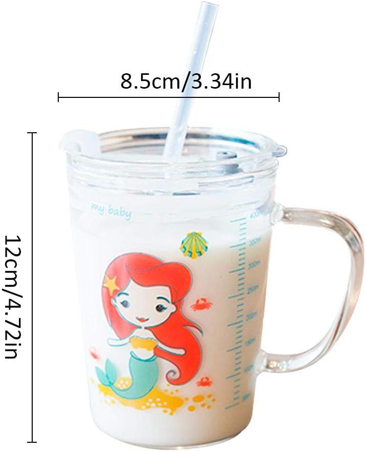 volwco heat resistant leak proof cute household drinking cup with lid and straw with scale for kids (transparent)