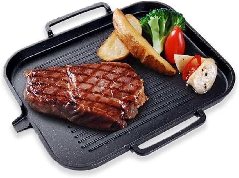 amerteer non stick bbq grill pan for barbecue & oven, aluminum griddle with grease drainage, compatible with induction cookers, ideal for steak, fish, vegetables (clip not included)