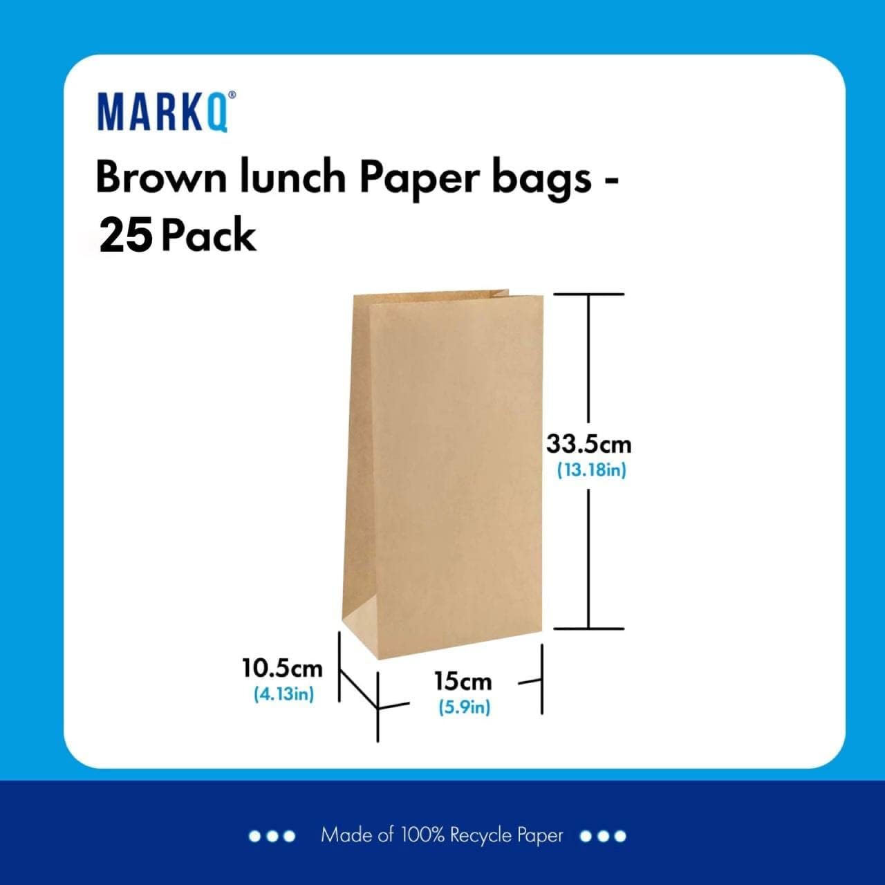 markq [25 bags] kraft brown large paper bags | recyclable lunch bags | paper bags, cookies bags, grocery bags, wedding gift bags, party bags | 33.50 x 15 x 10.5 cm