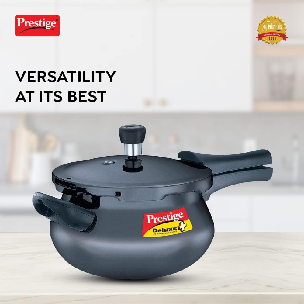 prestige deluxe plus hard anodised pressure cooker 5 ltr |aluminium pressure cooker with lid |curved design|user friendly handles black