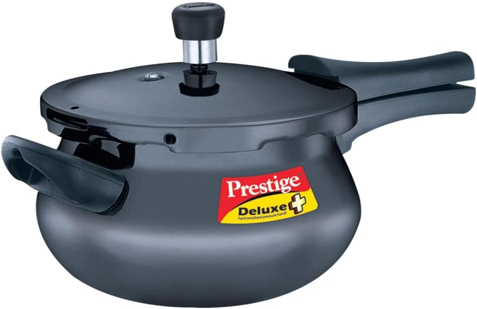 prestige deluxe plus hard anodised pressure cooker 5 ltr |aluminium pressure cooker with lid |curved design|user friendly handles black