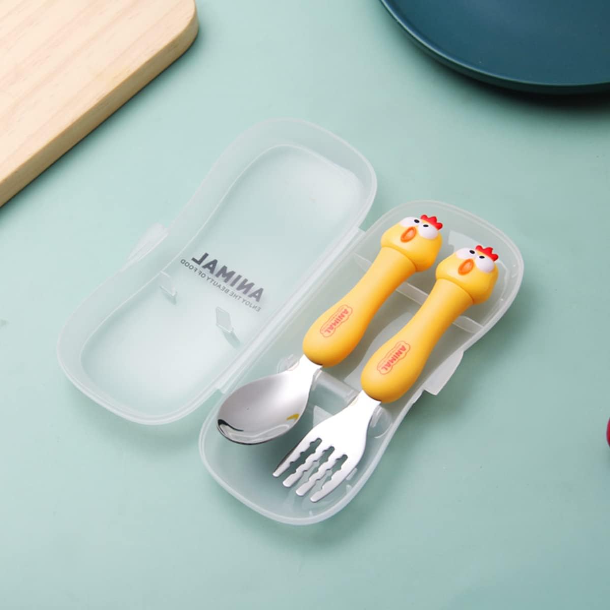 ibama cartoon toddler utensils cute animal stainless steel children's tableware set student fork and spoon two piece creative cutlery set with portable travel case for girls boys kids chick yellow