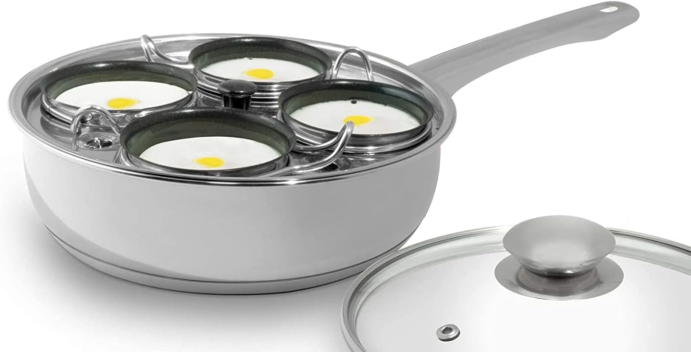 angju 4 cups egg poacher pan stainless steel poached egg cooker â€“ induction cooktop egg poachers cookware set with 4 nonstick large silicone egg poacher cups+free silicone spatula
