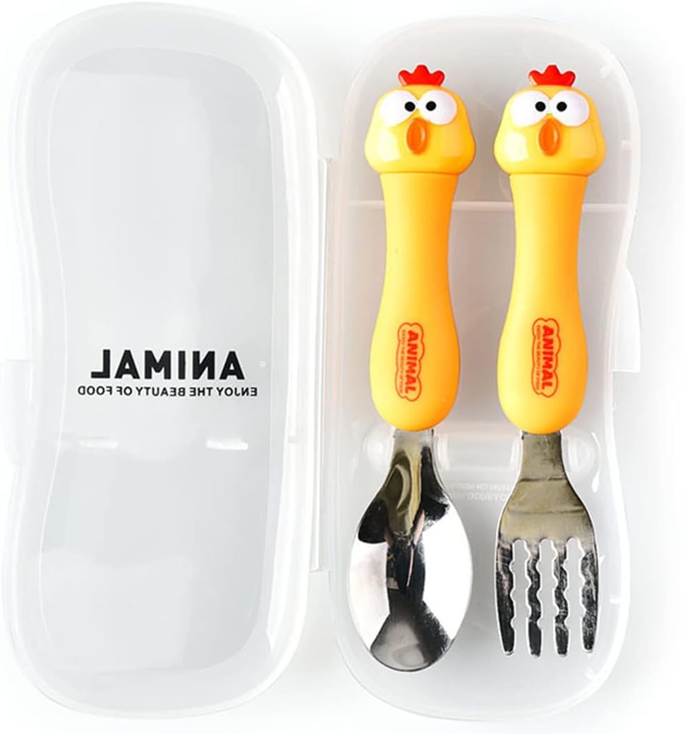 ibama cartoon toddler utensils cute animal stainless steel children's tableware set student fork and spoon two piece creative cutlery set with portable travel case for girls boys kids chick yellow