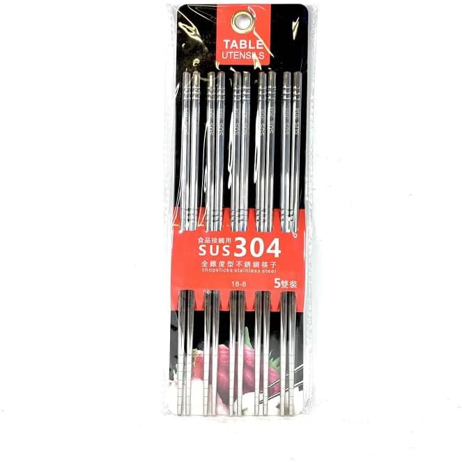 grace stainless reusable chopsticks,safe metal chopsticks set food grade 304 stainless steel chopstick non slip round healthy lightweight travel 5 pairs (gb/t15067)