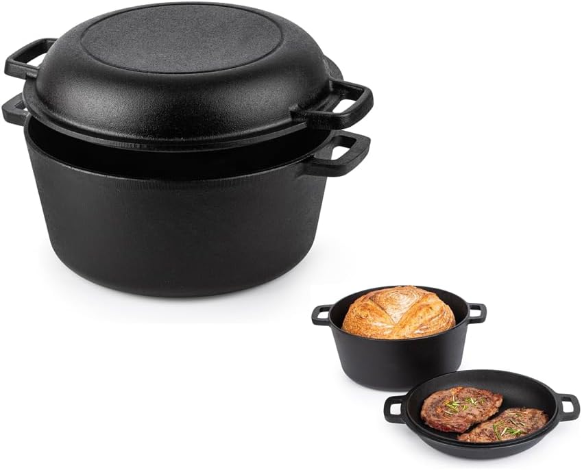 pre seasoned cast iron dutch oven casserole pot cast iron skillet lid – 2 in 1 cooking cookware pan set – dutch oven pot with lid – black, 5 quarts, 26cm