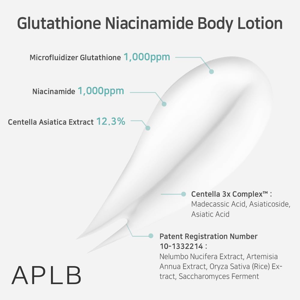 aplb glutathione niacinamide body lotion | lipo gluta niac cen™ 12.5% 10.14 fl.oz/korean skincare, long lasting hydration, revitalize for gentle and improve skin texture